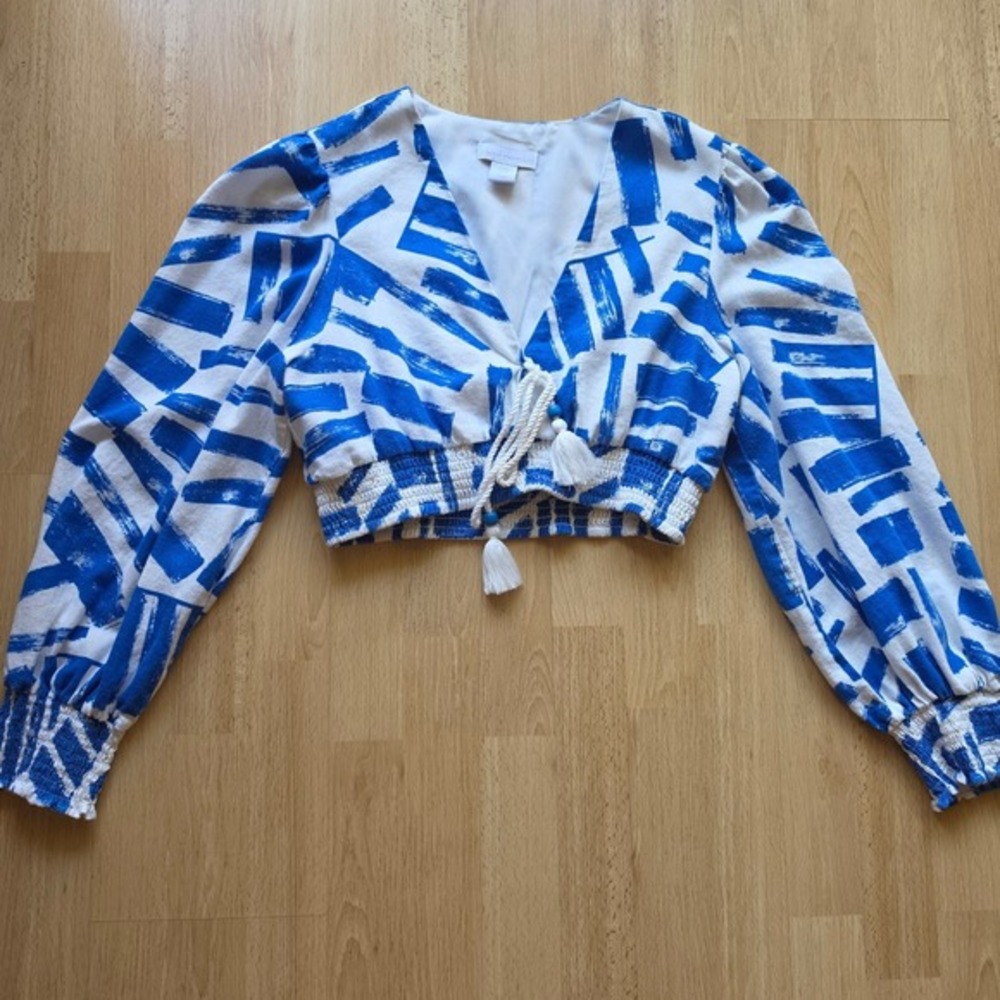 House of Harlow 1960 Blue White Abstract Brushstroke Linen Blend Crop Top Medium - Picture 8 of 9